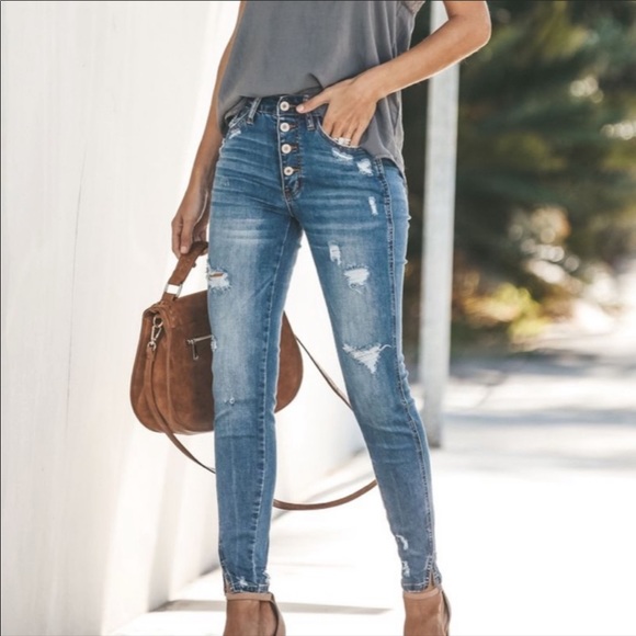 High Rise Distressed Ripped Denim Jeans Skinny - Picture 7 of 9